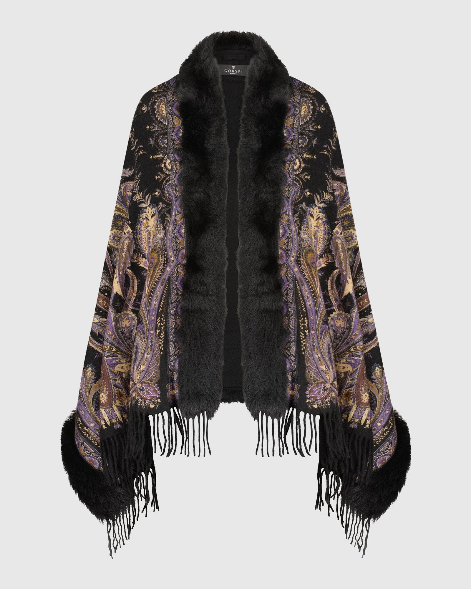 Double Face Select Cashmere Stole with Toscana Shearling Lamb Trim | Black Paisley