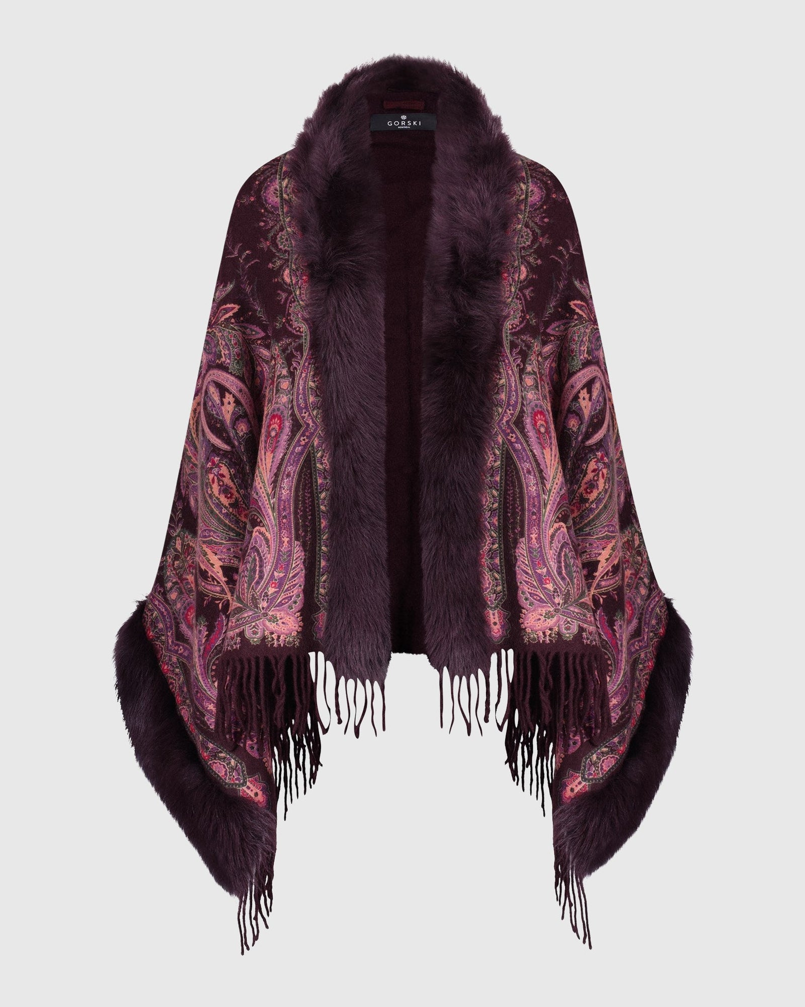 Double Face Select Cashmere Stole with Toscana Shearling Lamb Trim | Wine Paisley