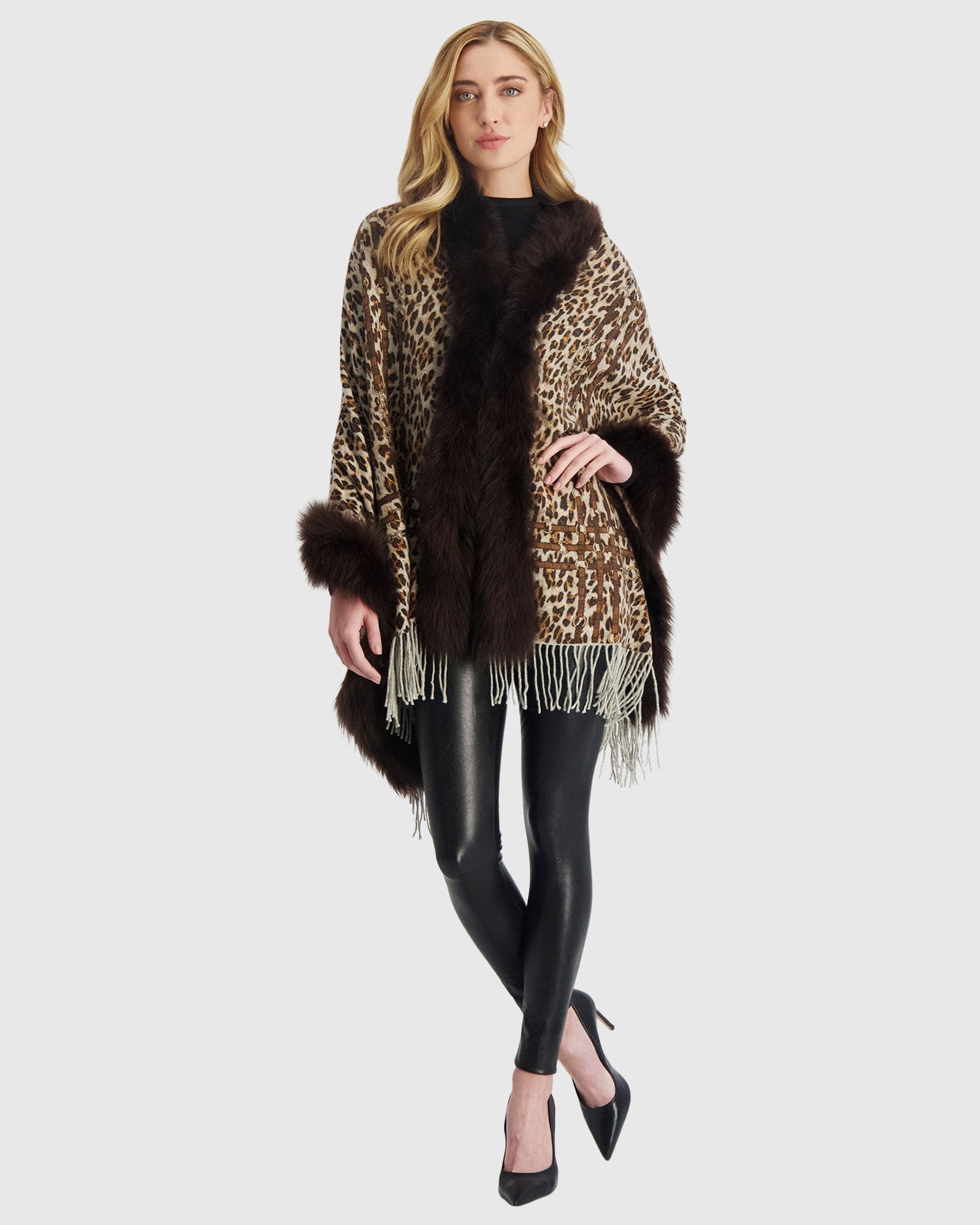 Double Face Select Cashmere Stole with Toscana Shearling Lamb Trim | Brown Animal Print/Houndstooth