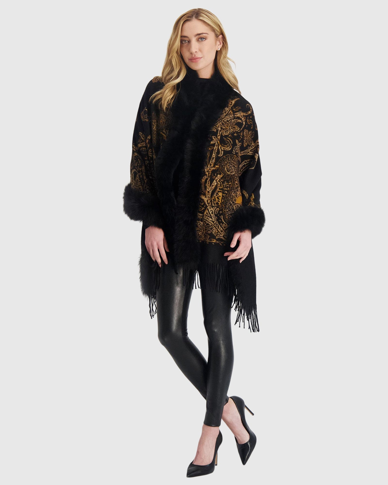 Double Face Select Cashmere Stole with Toscana Shearling Lamb Trim | Black Gold Paisley