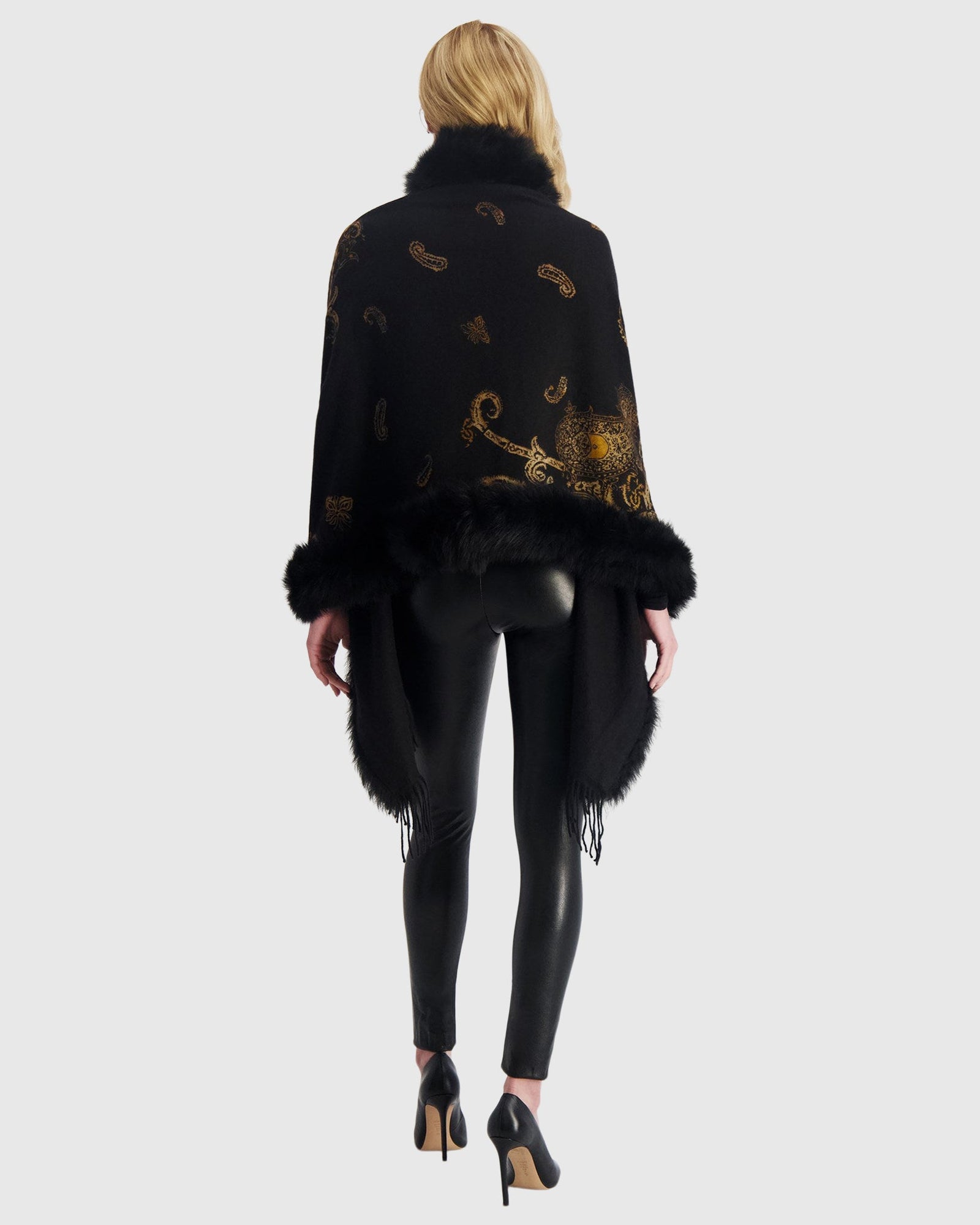 Double Face Select Cashmere Stole with Toscana Shearling Lamb Trim | Black Gold Paisley