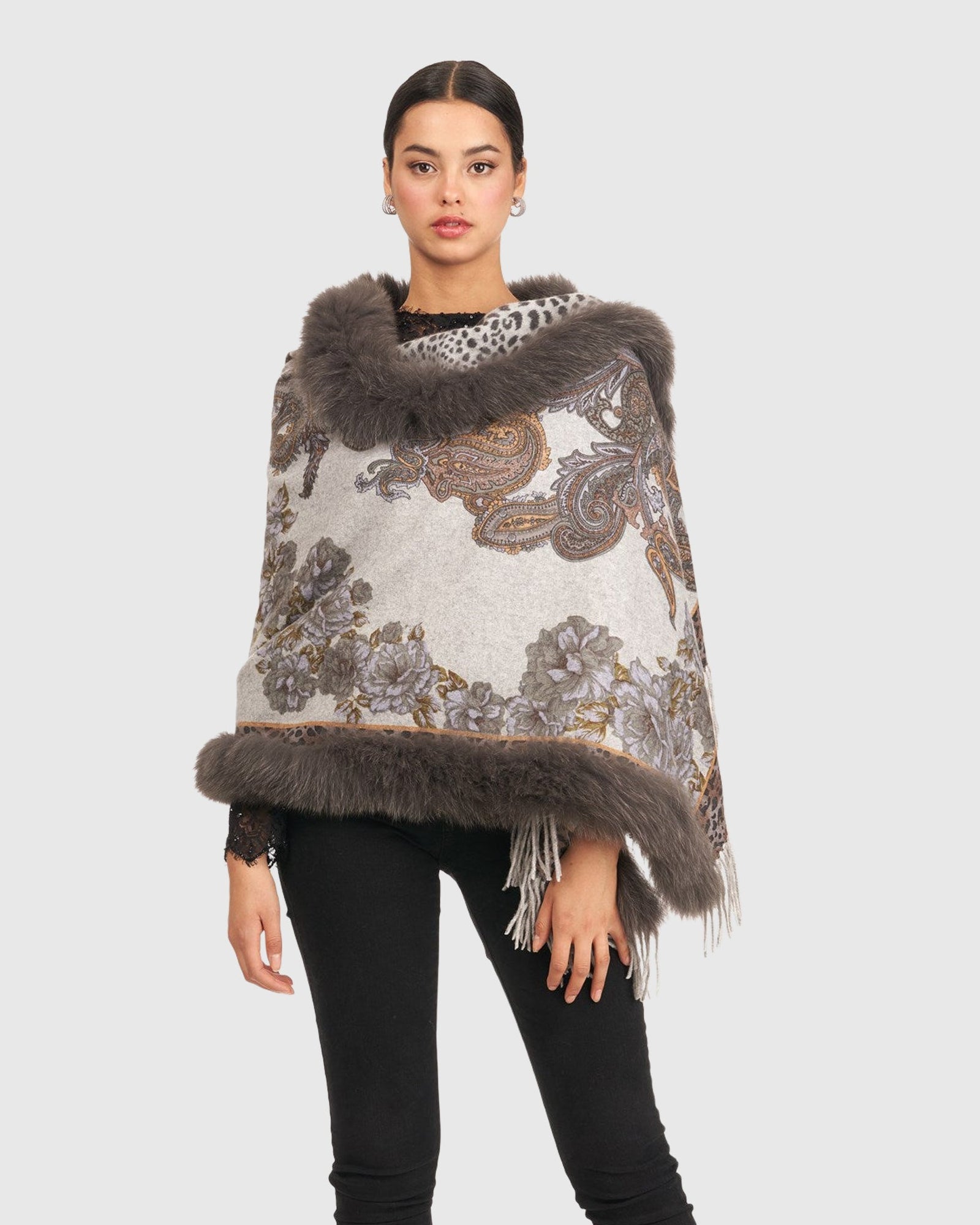 Double Faced Cashmere Stole With Fox Trim | Gray Paisley/Animal Print