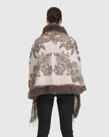 Double Faced Cashmere Stole With Fox Trim | Gray Paisley/Animal Print