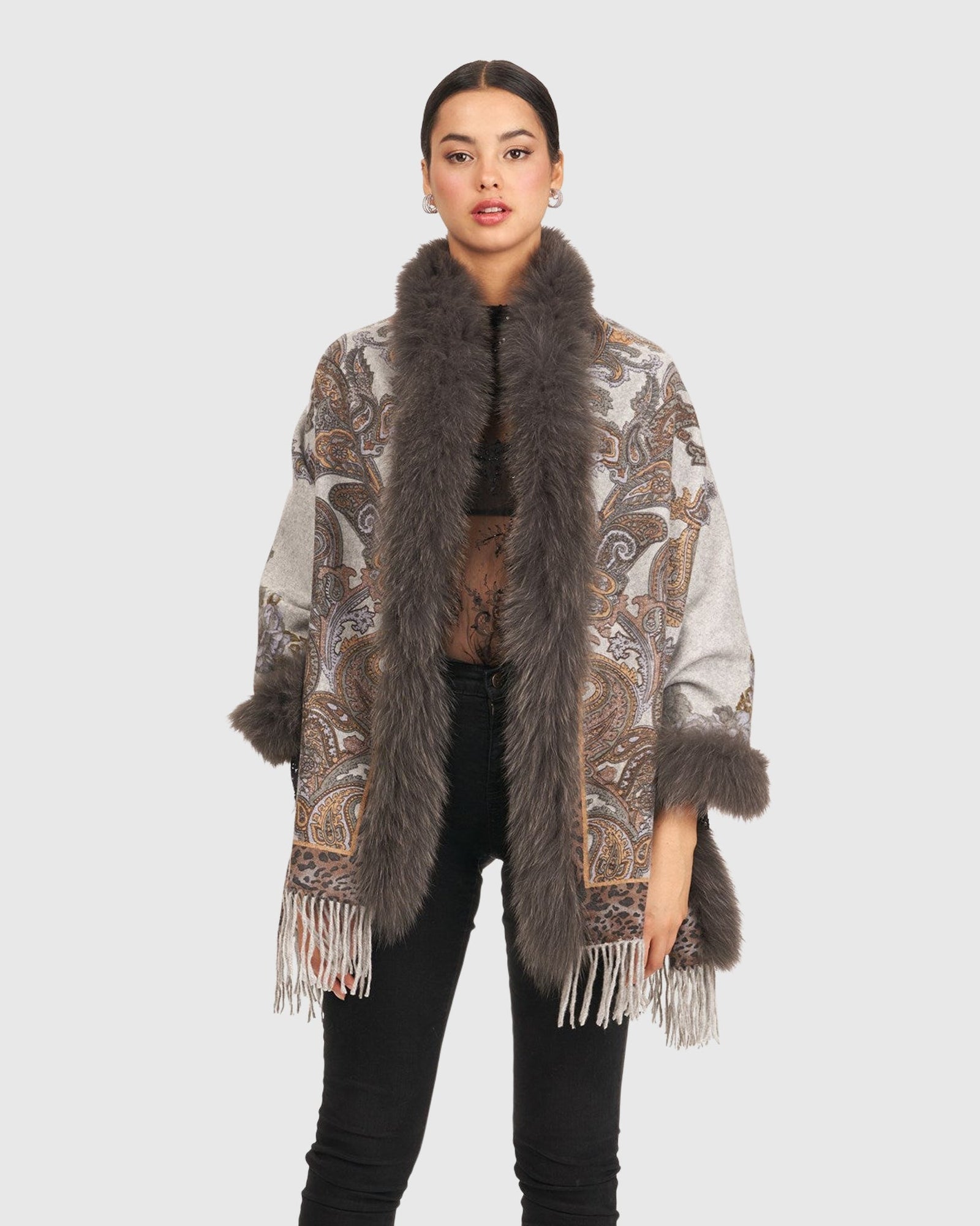 Double Faced Cashmere Stole With Fox Trim | Gray Paisley/Animal Print