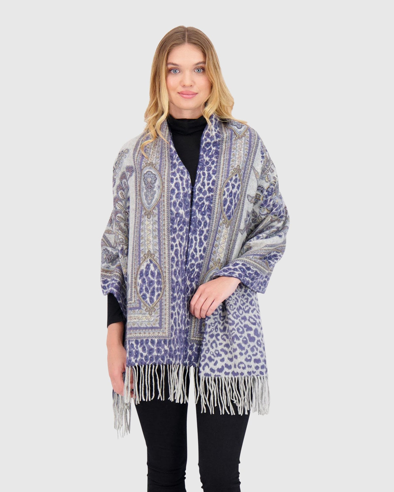 Double Sided Select Cashmere Stole | Navy Paisley/Animal Print