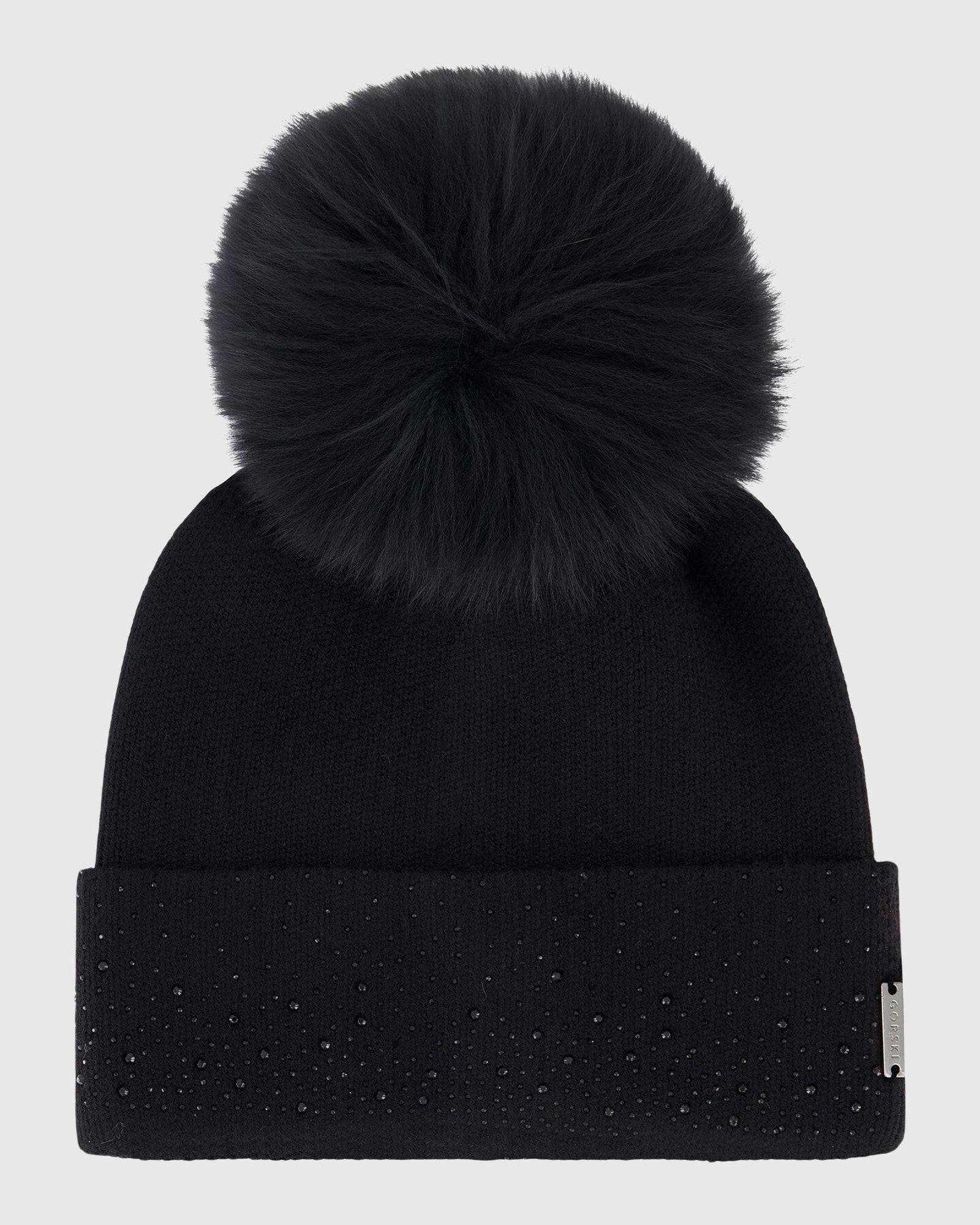 Embellished Beanie with Toscana Shearling Lamb Pompom | Black