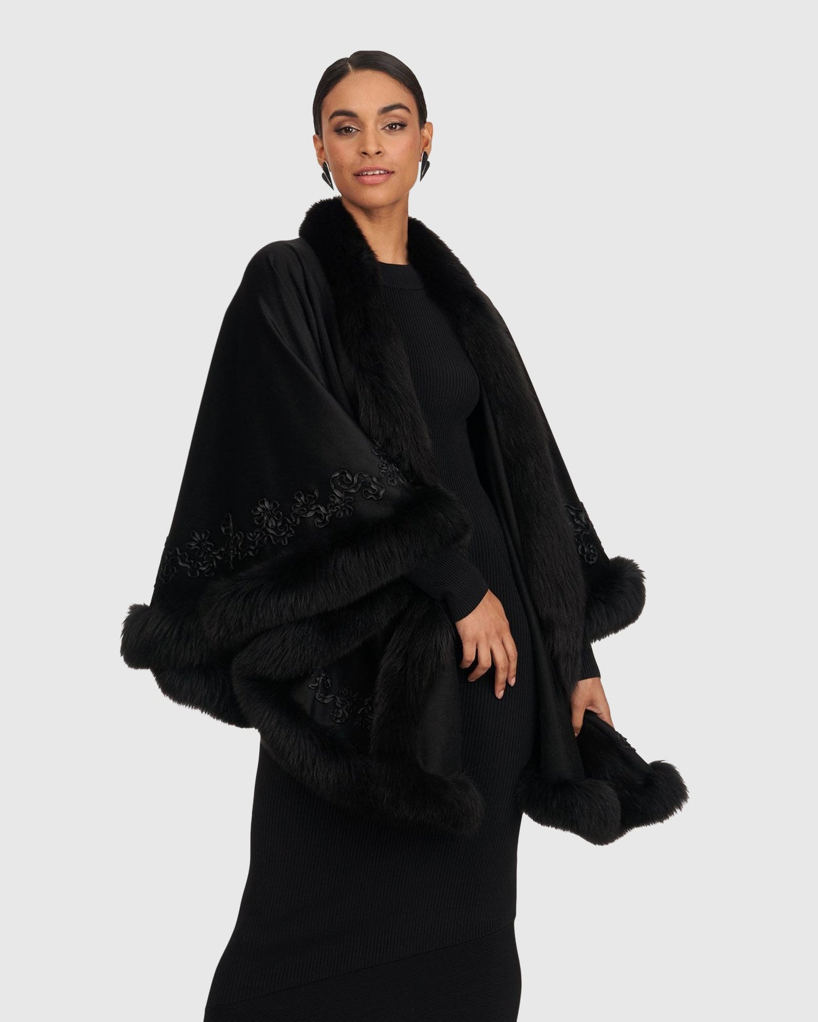 Select Cashmere & Wool Cape with Toscana Shearling Lamb Trim and Ribbon Embroidery | Black
