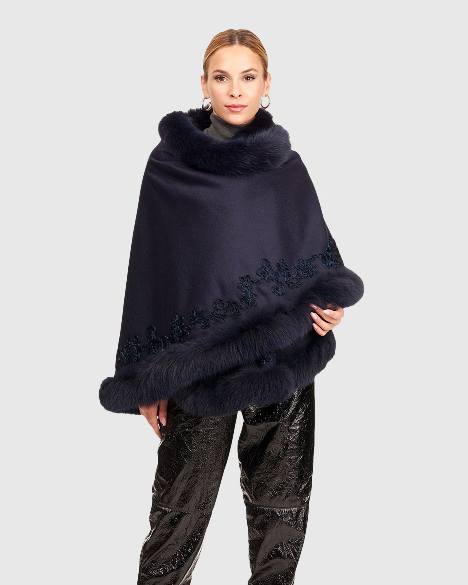 Embroidered Wool And Cashmere Cape | Navy