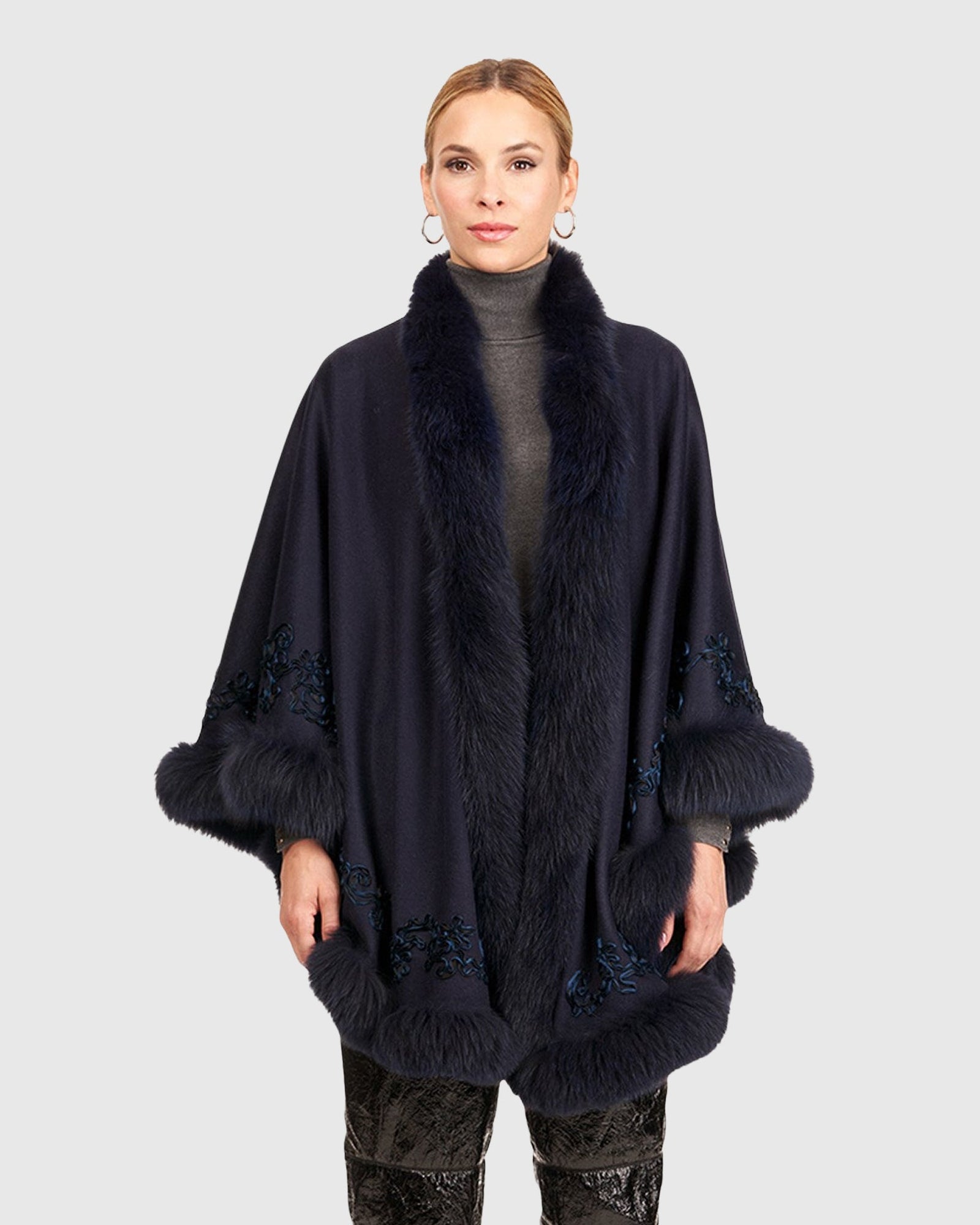 Embroidered Wool And Cashmere Cape | Navy