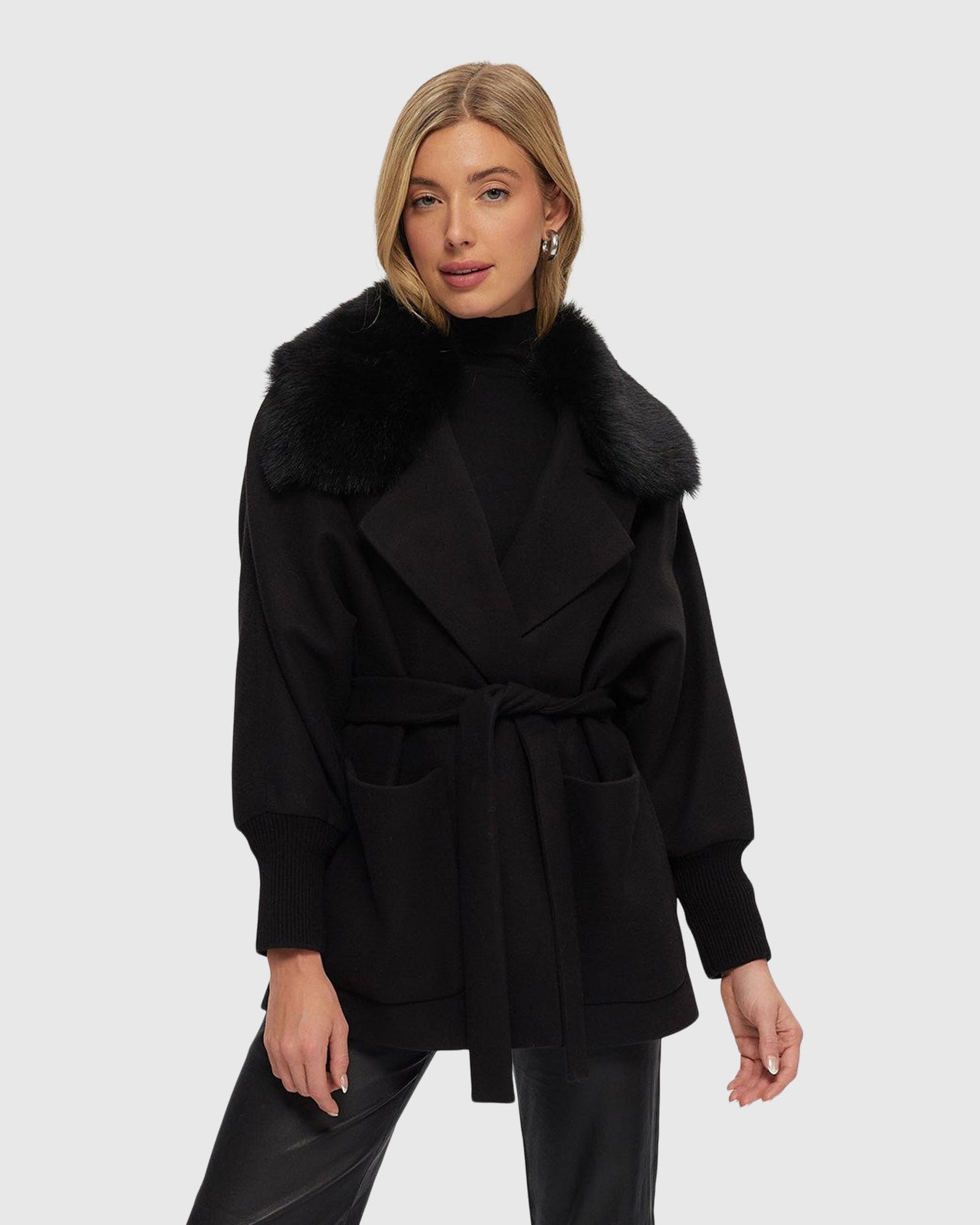 Fabric Jacket With Detachable Select Shearling Lamb Collar And Belt | Black