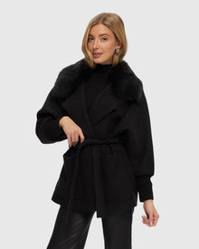 Fabric Jacket With Detachable Select Shearling Lamb Collar And Belt | Black