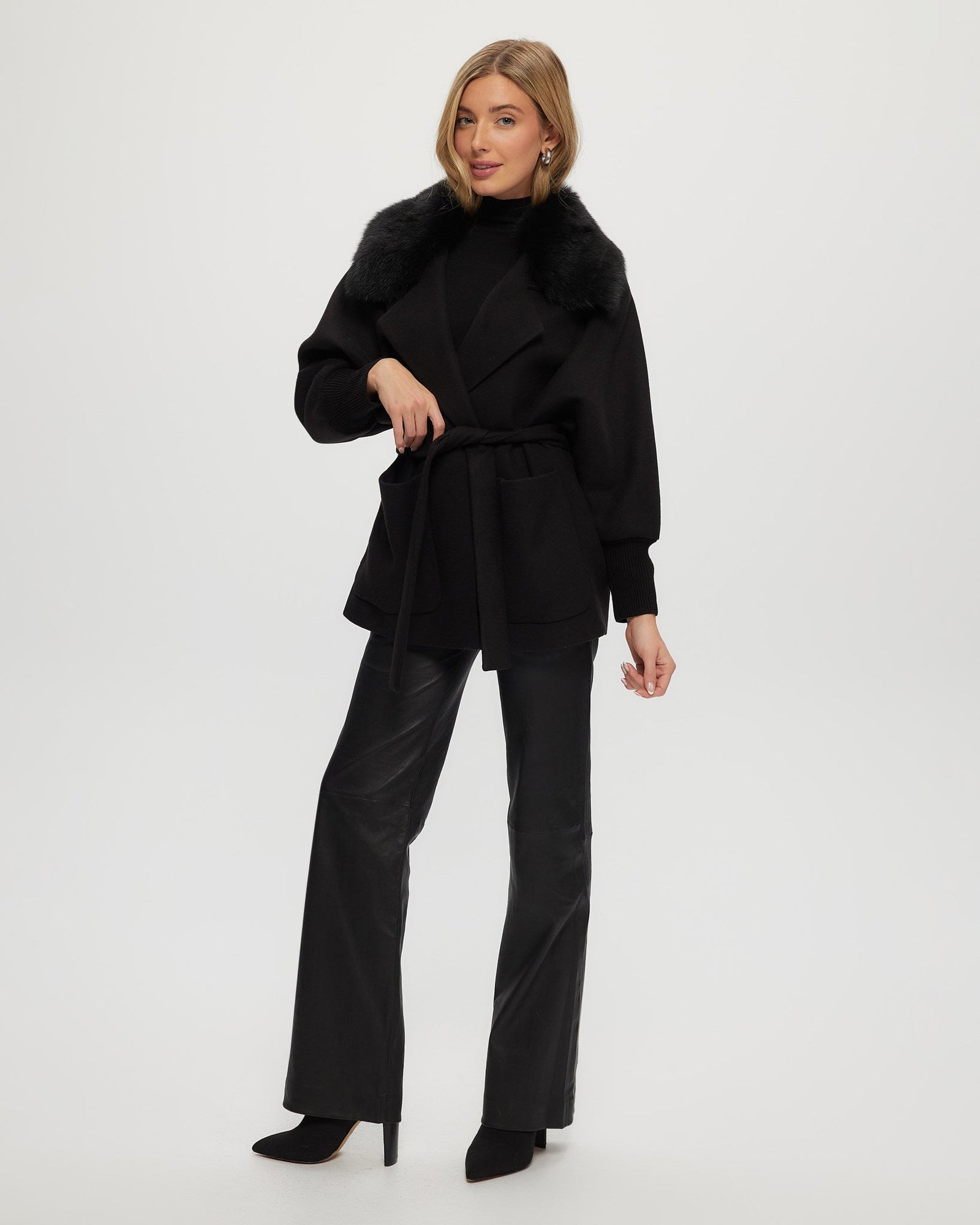 Fabric Jacket With Detachable Select Shearling Lamb Collar And Belt | Women | Black