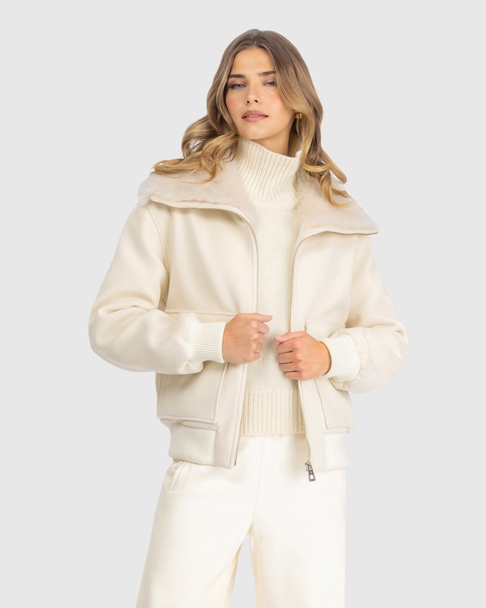 Fabric Jacket with Select Shearling Lamb Collar | Ivory