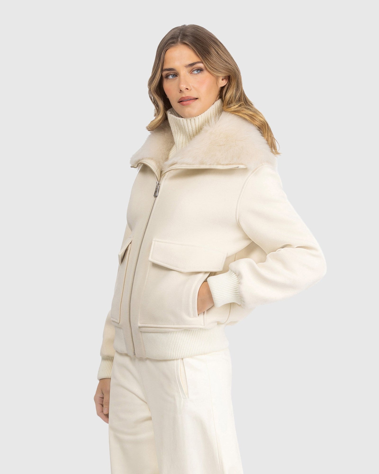 Fabric Jacket with Select Shearling Lamb Collar | Ivory