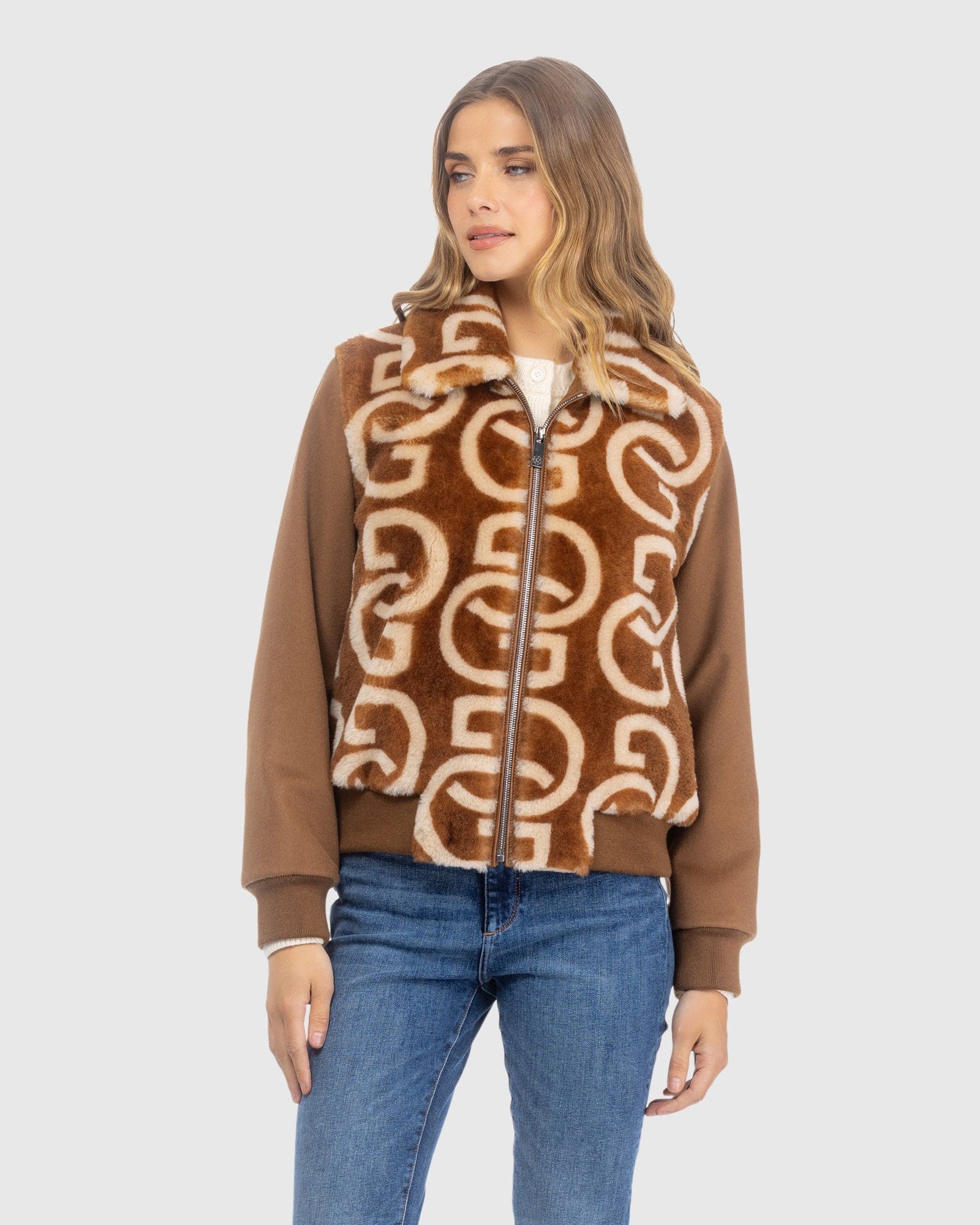 G Printed Merino Shearling Lamb Bomber Jacket With Loro Piana Wool Trim | Whiskey/Palomino