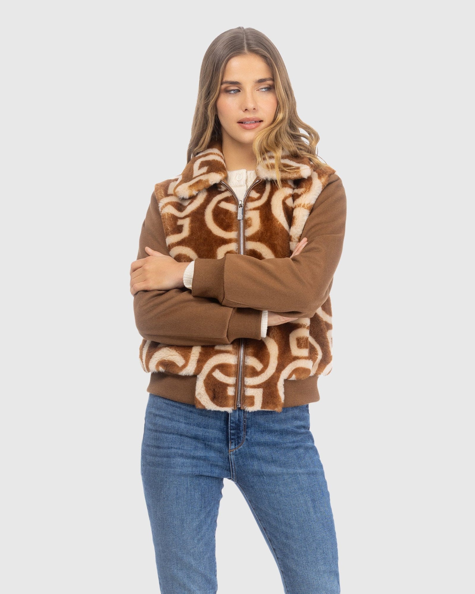 G Printed Merino Shearling Lamb Bomber Jacket With Loro Piana Wool Trim | Whiskey/Palomino