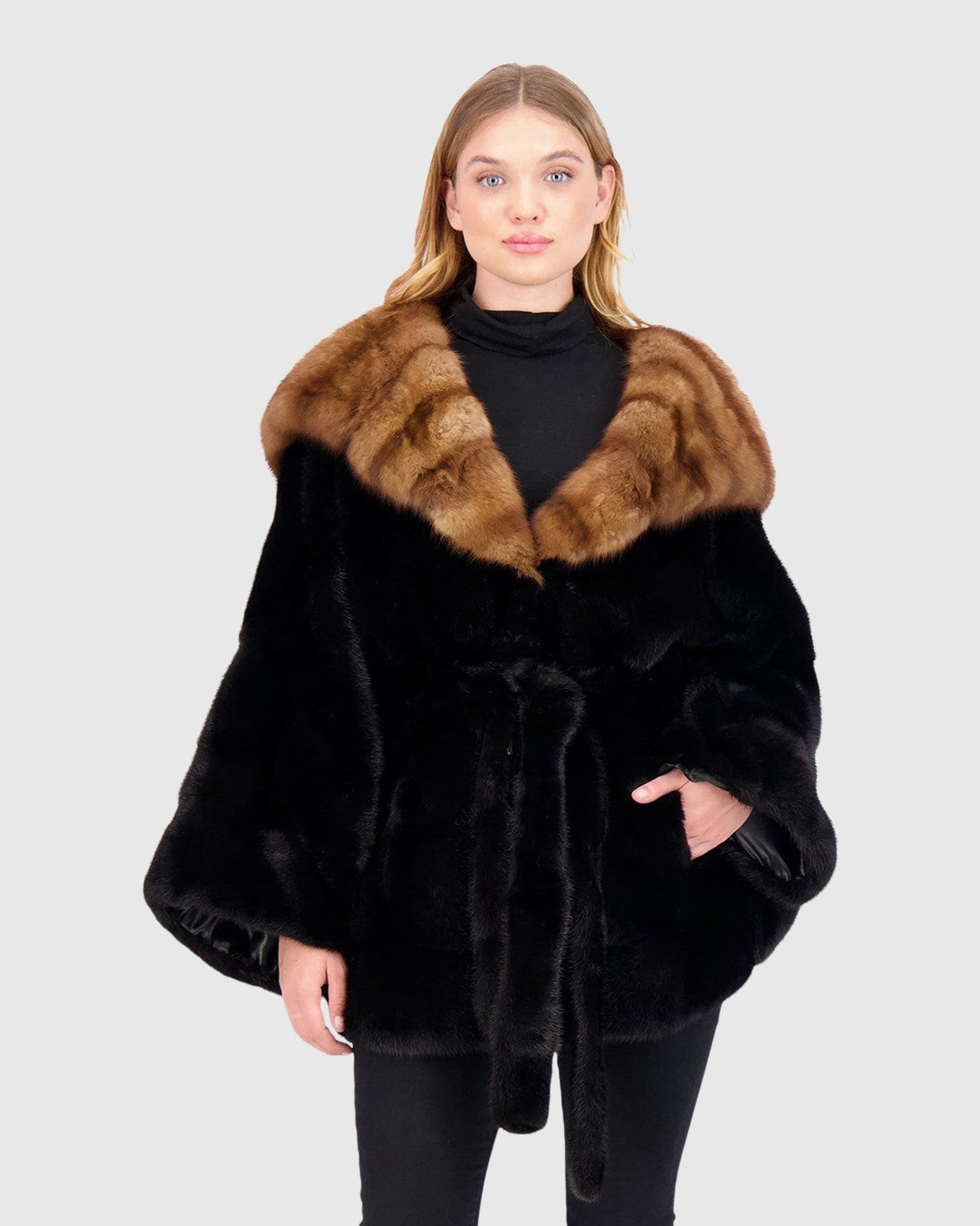 Horizontal Mink Cape With Sable Hood, Mink Belt | Black/Brown