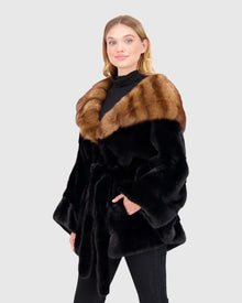 Horizontal Mink Cape With Sable Hood, Mink Belt | Black/Brown