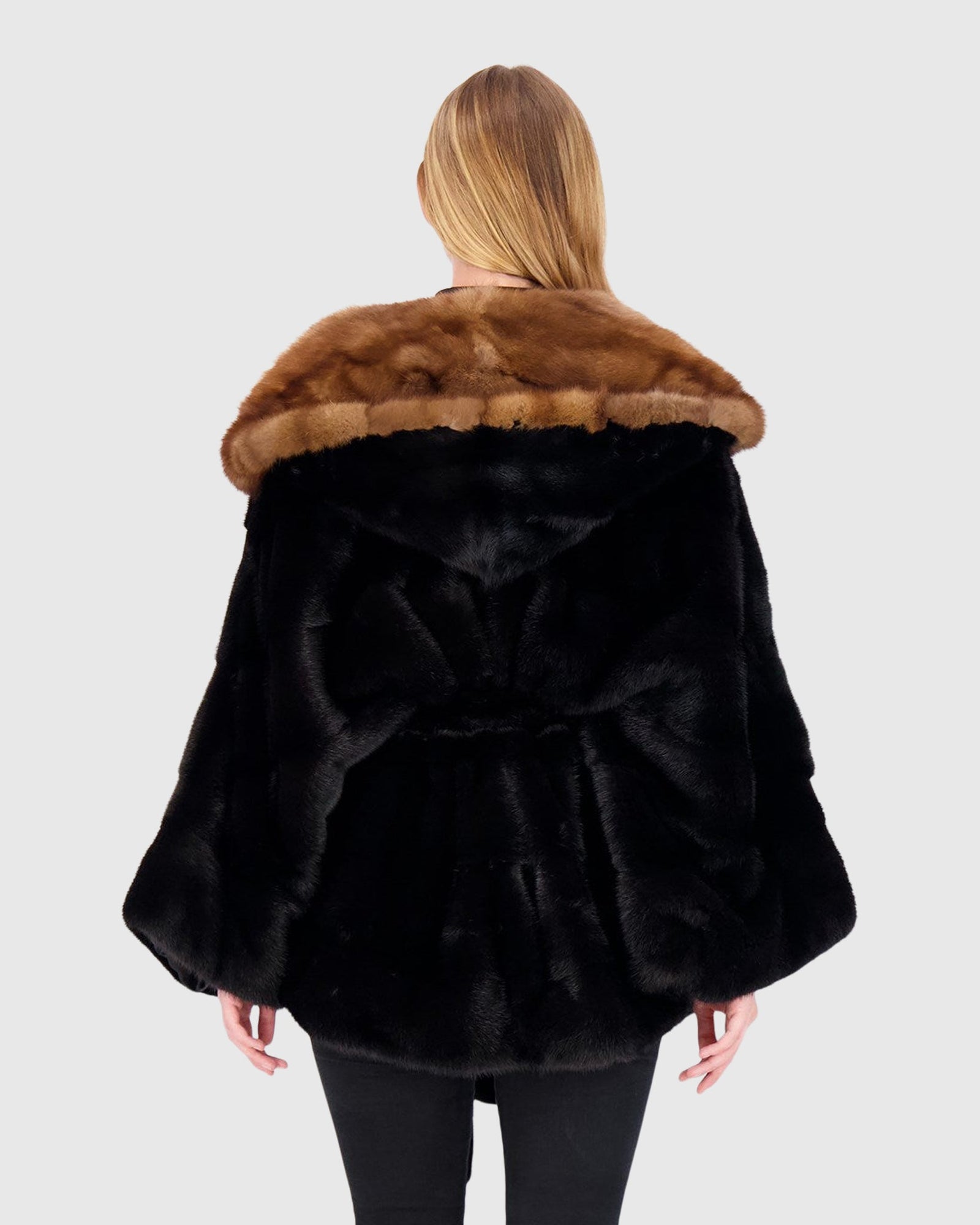 Horizontal Mink Cape With Sable Hood, Mink Belt | Black/Brown