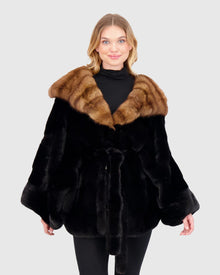Horizontal Mink Cape With Sable Hood, Mink Belt | Black/Brown