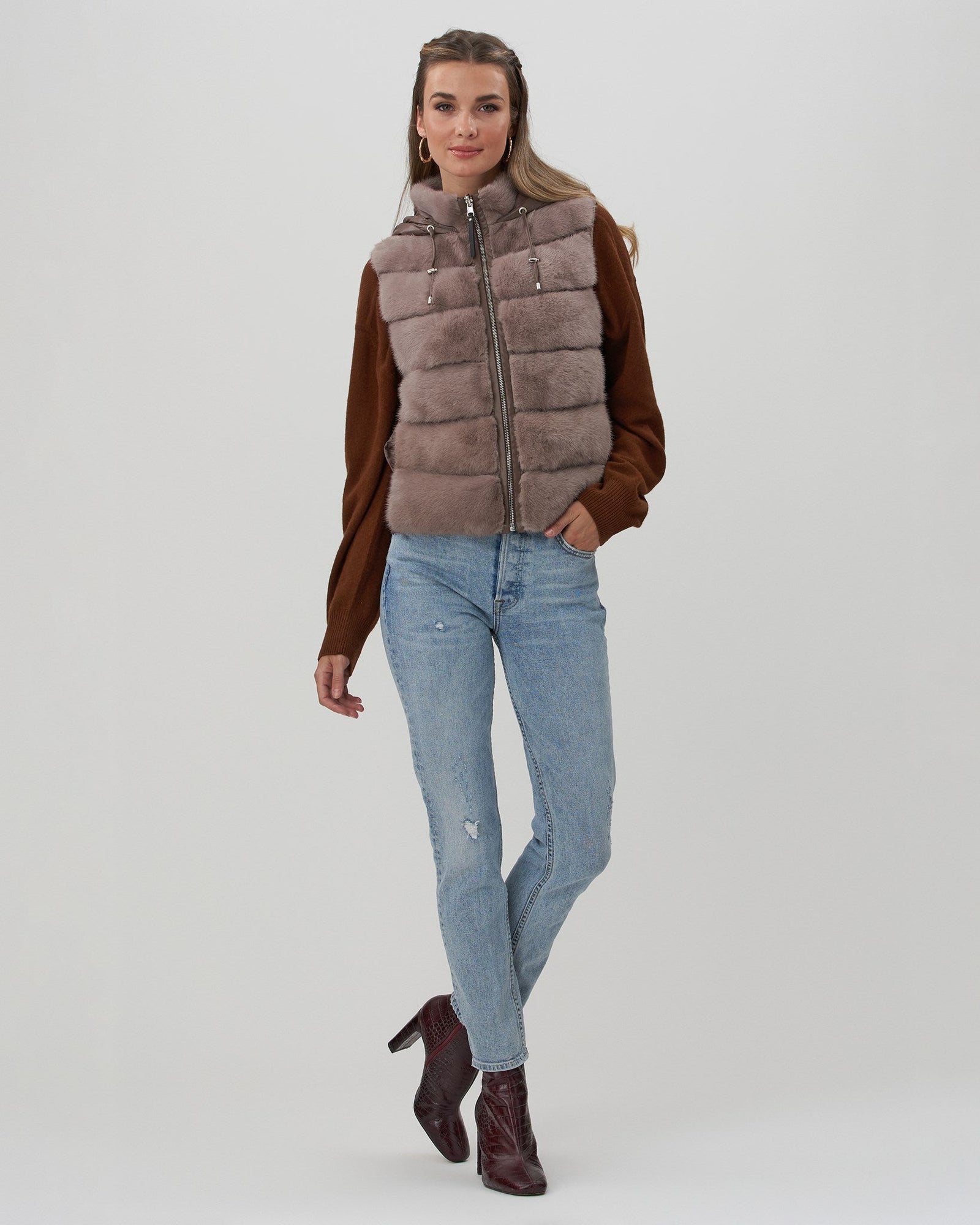 Horizontal Mink Hooded Zip Vest With Down Back | Women | Taupe x Brown