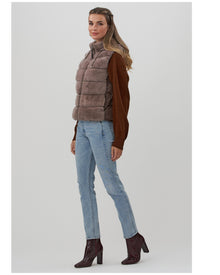 Horizontal Mink Hooded Zip Vest With Down Back | Women | Taupe x Brown