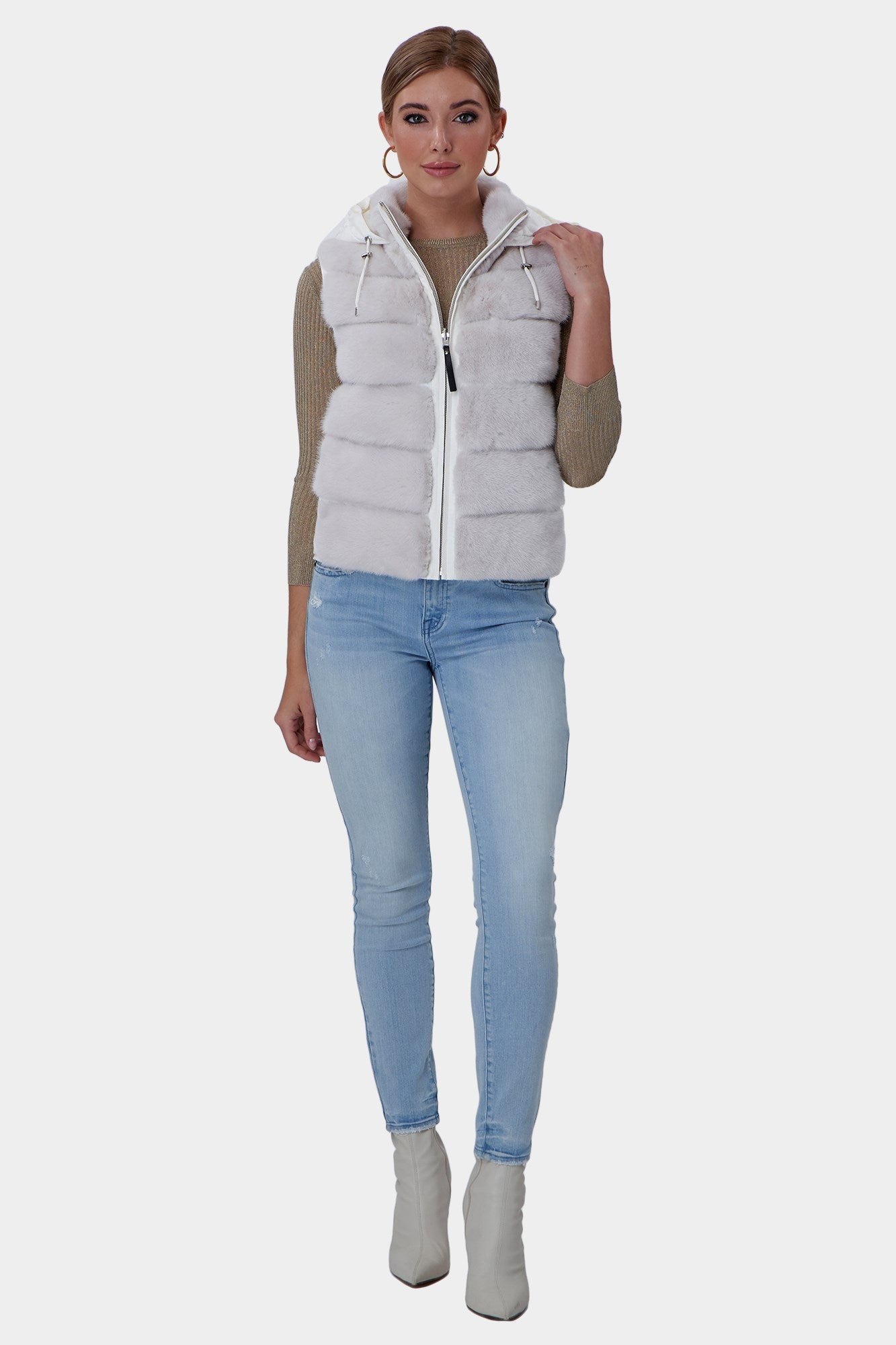 Horizontal Mink Hooded Zip Vest With Down Back | Women | Beige x White