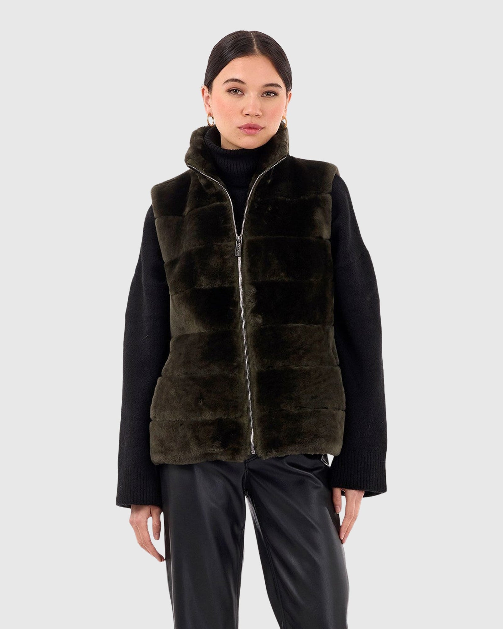 Horizontal Select Shearling Lamb Vest With Quilted Back | Army Green/Army Green