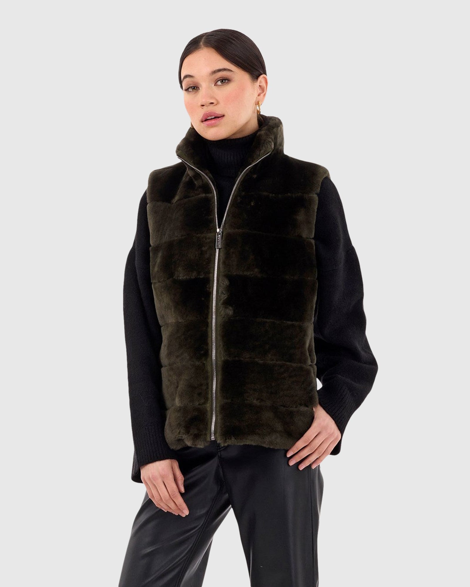 Horizontal Select Shearling Lamb Vest With Quilted Back | Army Green/Army Green