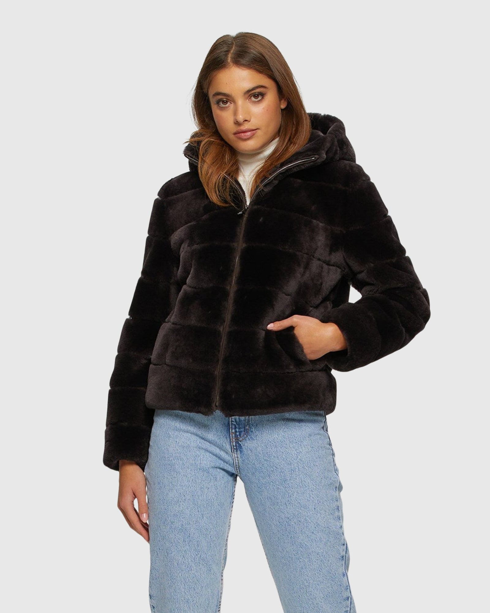 Horizontal Select Shearling Lamb Zip Jacket With Hood | Brown