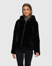 Horizontal Select Shearling Lamb Zip Jacket With Hood | Black (V2)