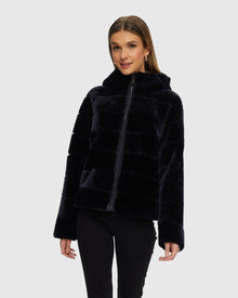 Horizontal Select Shearling Lamb Zip Jacket With Hood | Navy