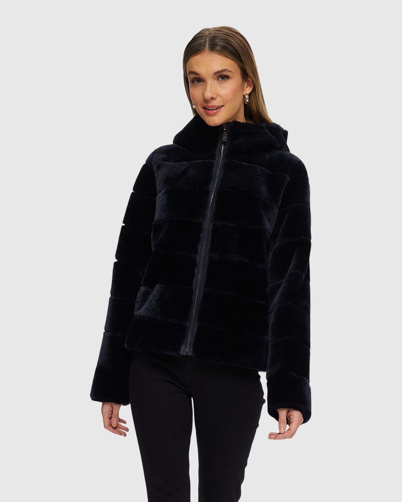 Horizontal Select Shearling Lamb Zip Jacket With Hood | Navy