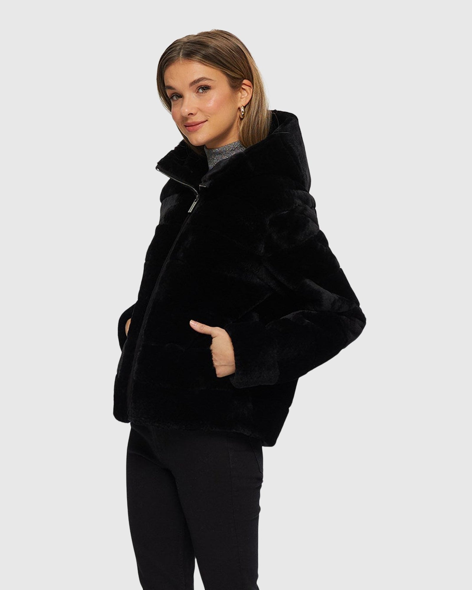 Horizontal Select Shearling Lamb Zip Jacket With Hood | Black (V2)