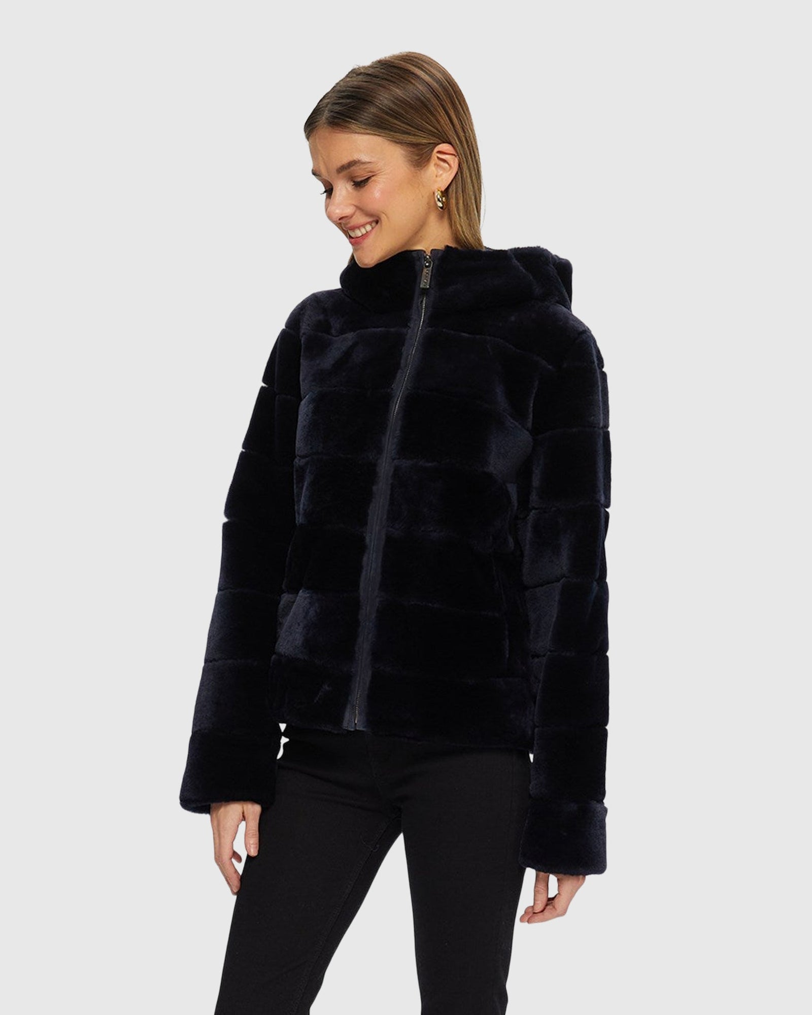 Horizontal Select Shearling Lamb Zip Jacket With Hood | Navy