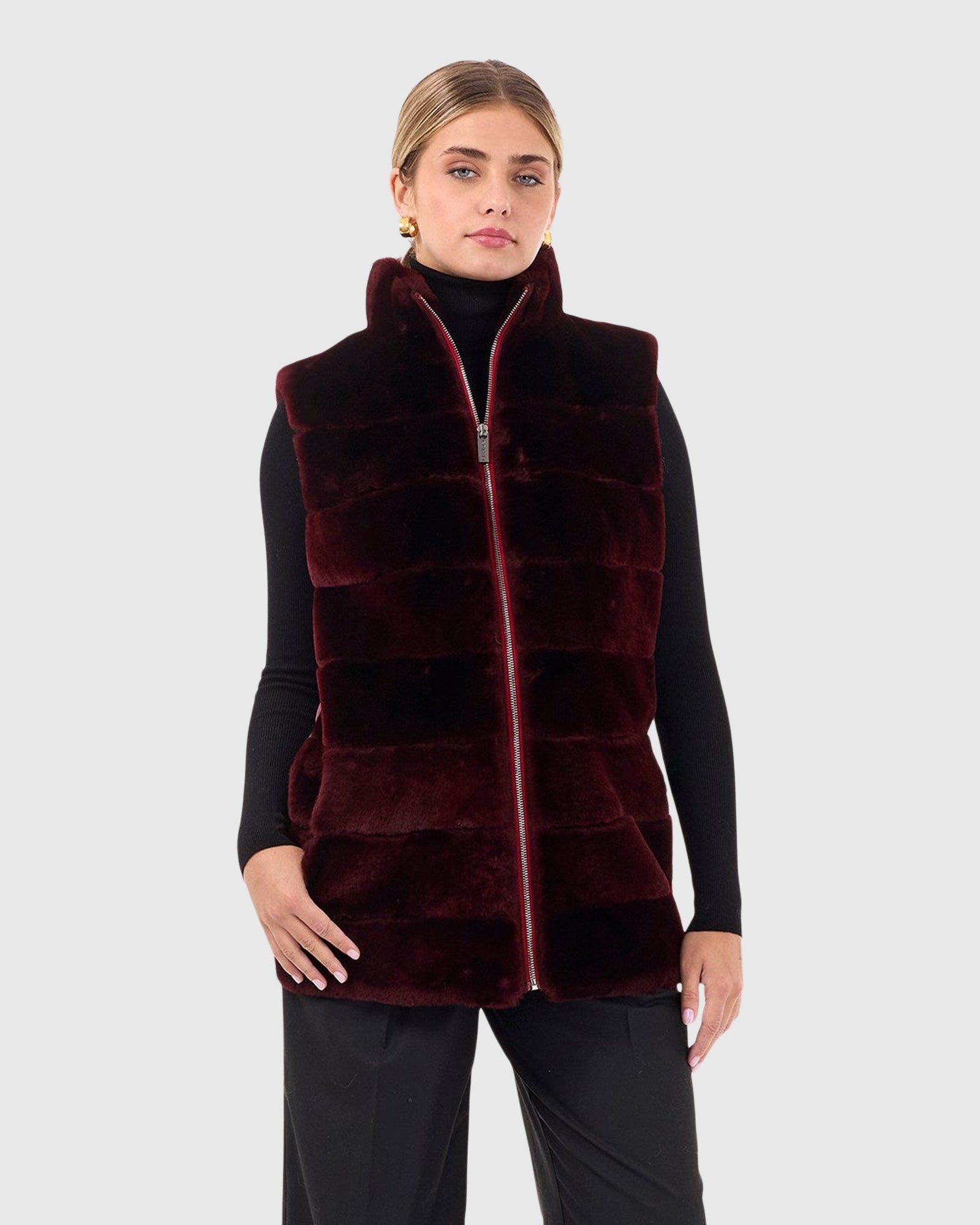 Horizontal Select Shearling Lamb Zip Vest With Quilted Back | Burgundy/Burgundy
