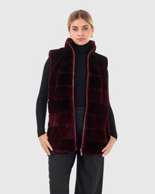 Horizontal Select Shearling Lamb Zip Vest With Quilted Back | Burgundy/Burgundy