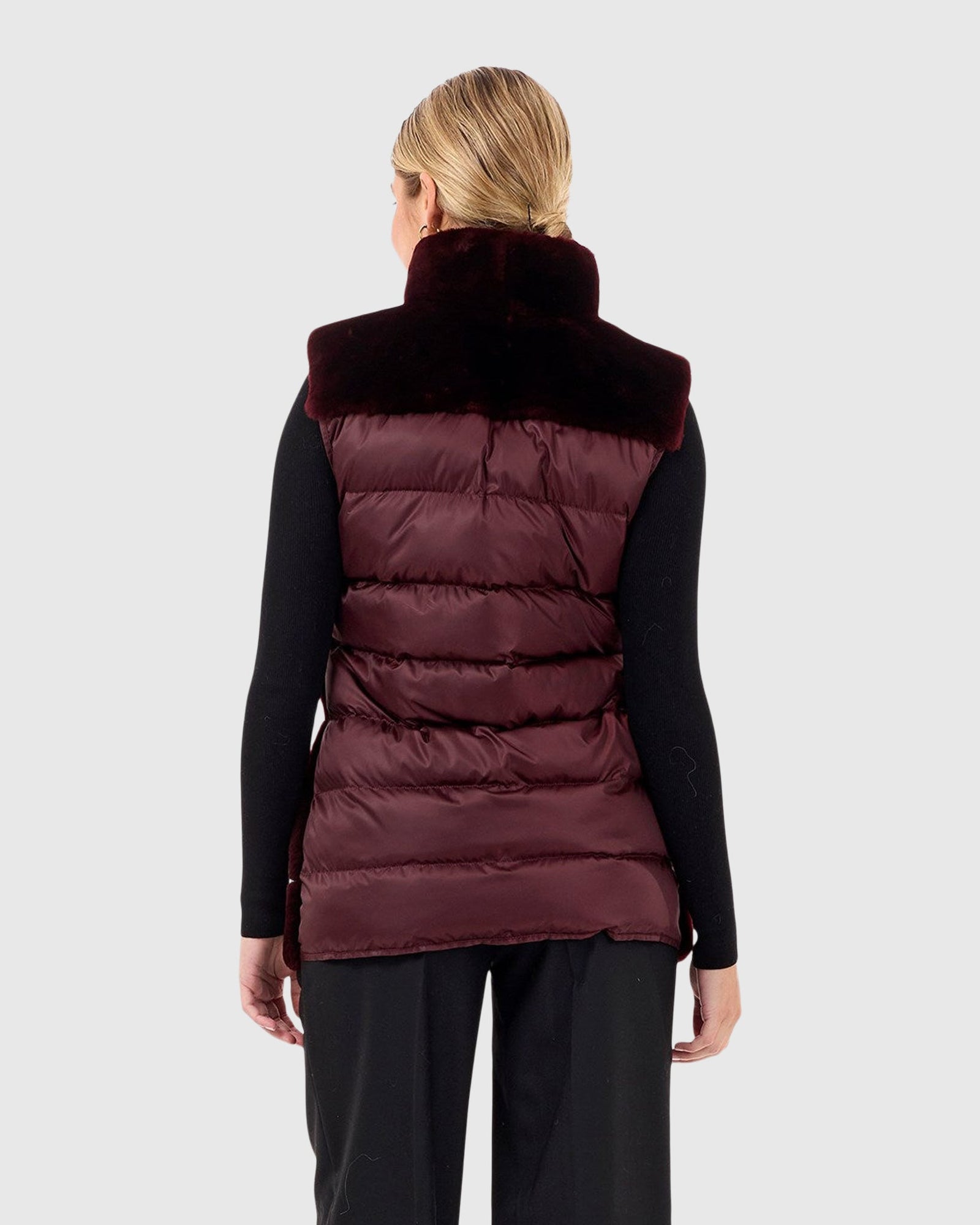 Horizontal Select Shearling Lamb Zip Vest With Quilted Back | Burgundy/Burgundy