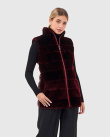 Horizontal Select Shearling Lamb Zip Vest With Quilted Back | Burgundy/Burgundy