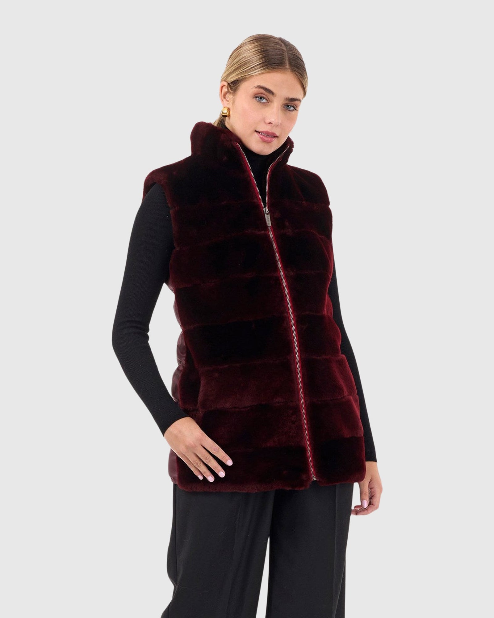 Horizontal Select Shearling Lamb Zip Vest With Quilted Back | Burgundy/Burgundy