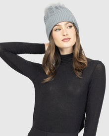 Knit Beanie Hat With Select Lamb Pompom | Gray/Gray