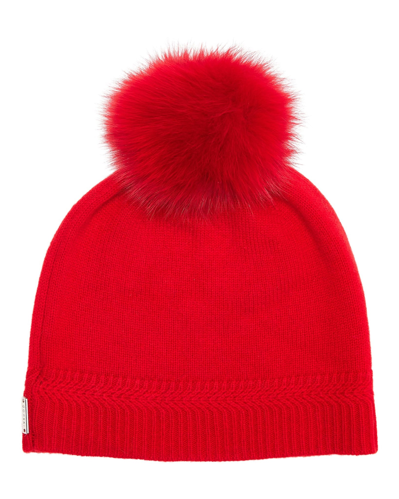 Knit Cashmere Hat With Fox Fur Pompom | Bright Red
