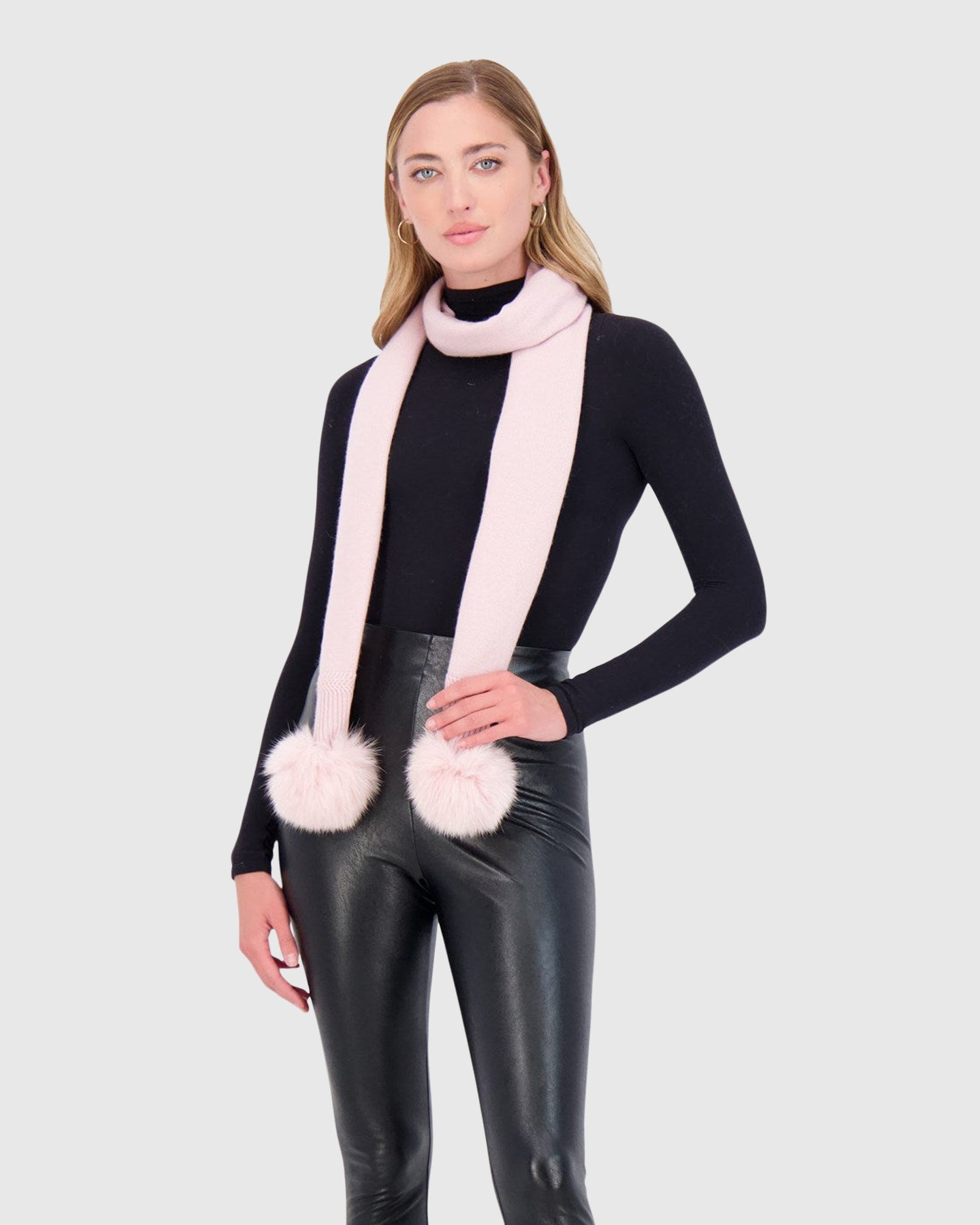 Knit Cashmere Scarf With Fox Pompom | Powder Pink