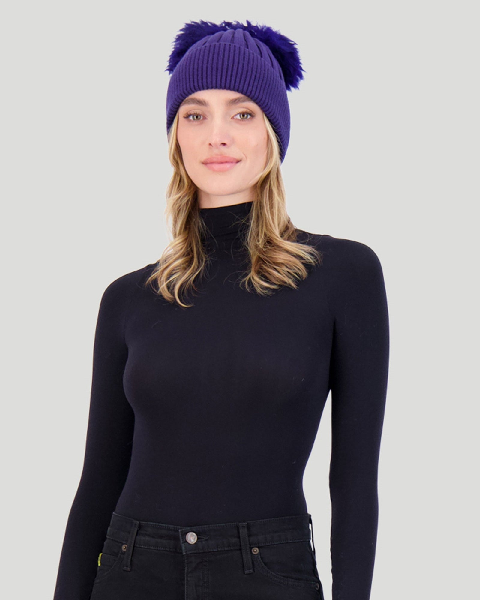 Knit Hat with Double Toscana Shearling Lamb Pompom | Navy/Navy