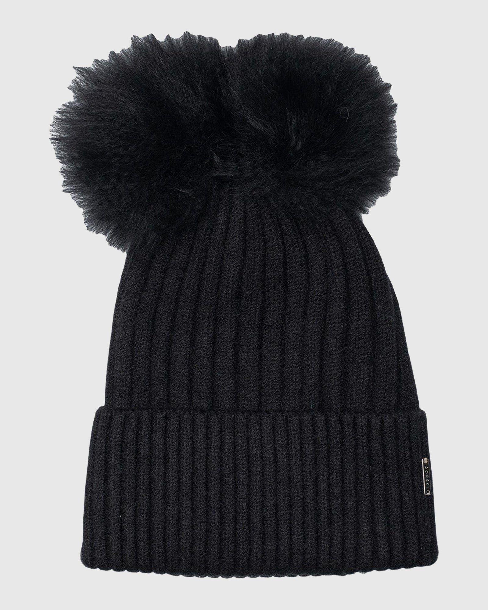 Knit Hat with Double Toscana Shearling Lamb Pompom | Black/Black