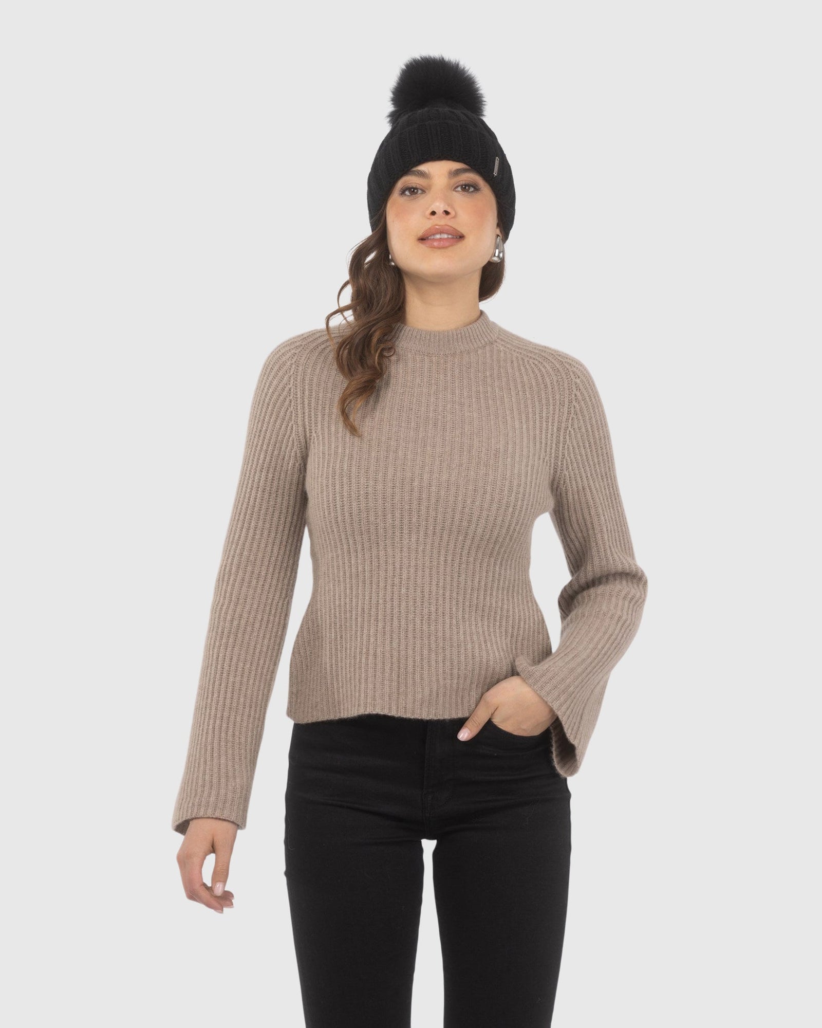 Knit Hat with Select Lamb Pom | Black/Black