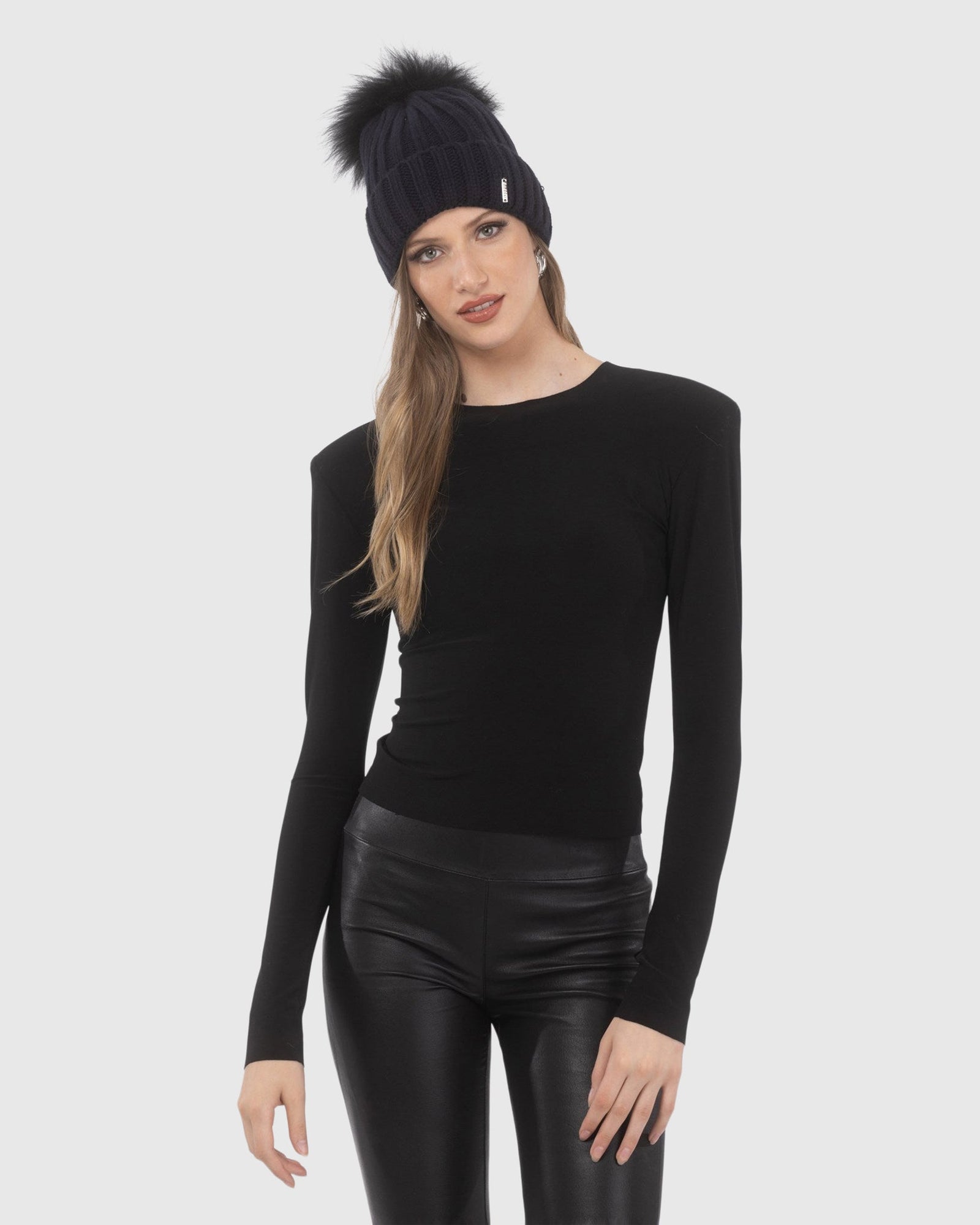 Knit Hat With Select Lamb Pom | Navy/Black