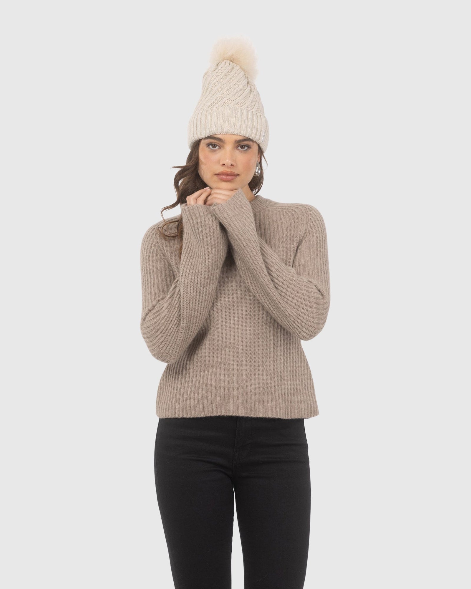 Knit Hat with Select Lamb Pom | Beige/Beige