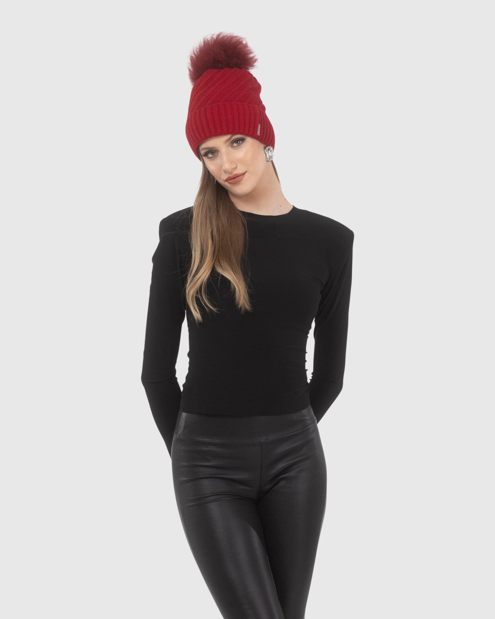 Knit Hat with Select Lamb Pom | Red/Red