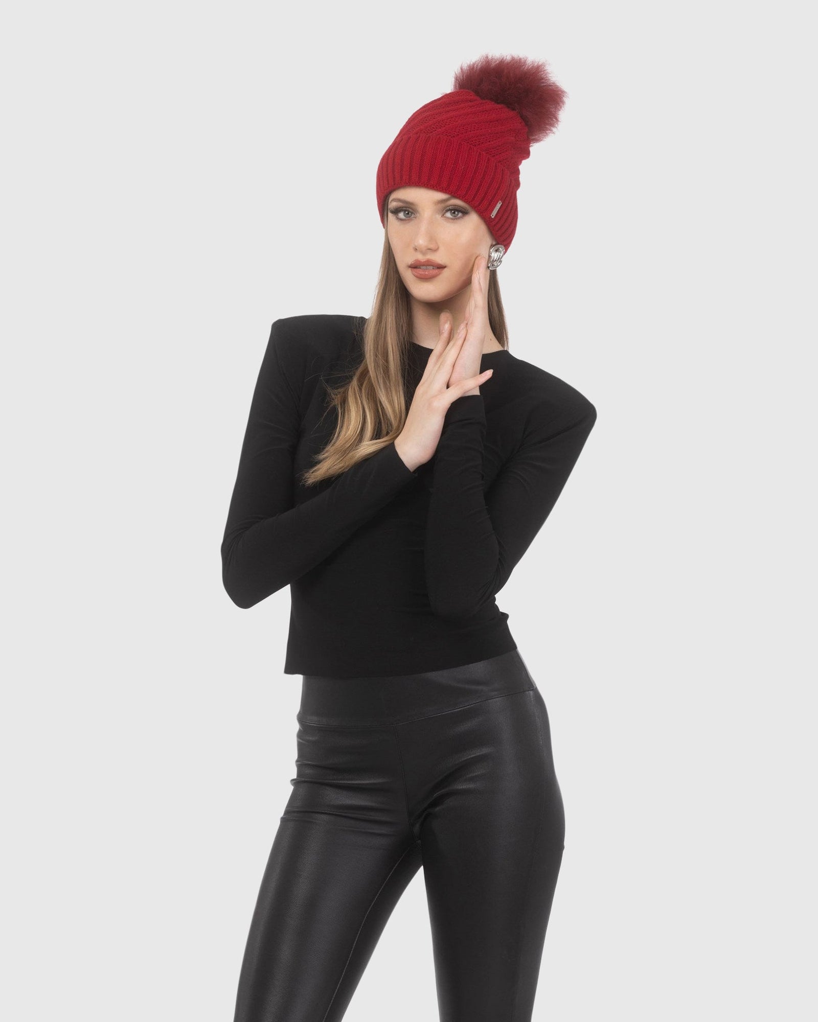 Knit Hat with Select Lamb Pom | Red/Red